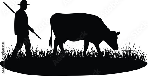 Farmer walking beside cow silhouette, rural livestock scene, agriculture concept, farm animal care, black vector illustration, village farming, pastoral design
