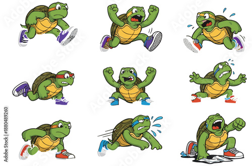 Cartoon turtles in sneakers running, funny race scenes, expressive athletic tortoises, animated sports characters, sweating, jumping, racing in comic style.