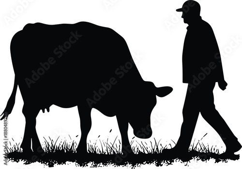 Farmer walking beside grazing cow, livestock silhouettes, rural agriculture scene, farm animal care, black vector illustration, village farming, pastoral design