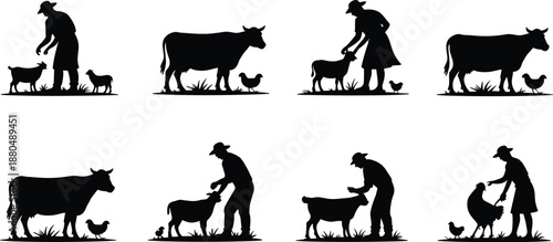Farmers caring for animals, silhouette farming scenes, cows, goats, chickens, rural life, agriculture, livestock care, farm animals, farming lifestyle, animal