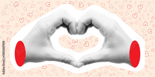 Halftone retro hands making heart shape, vector vintage collage sticker of love gesture and romance symbol
