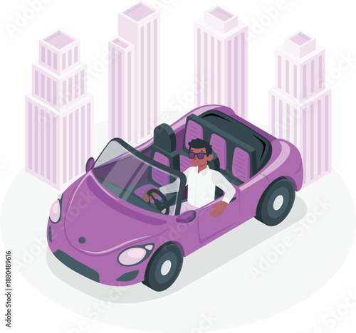 Man driving convertible car through modern cityscape viewed from above