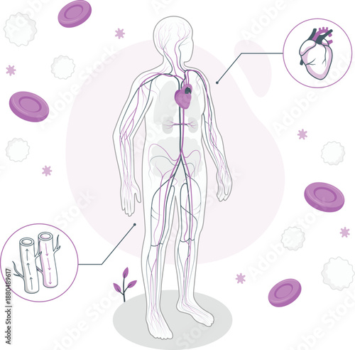 Human body anatomy illustration showing circulatory system and medical test tubes nearby with heart detail