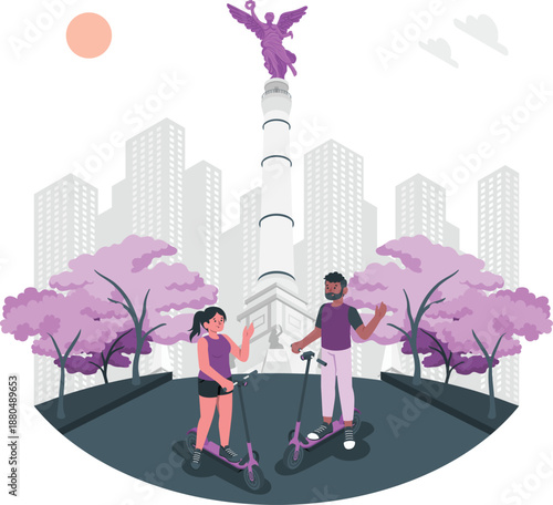 Man and woman riding scooters in urban park scene with cityscape and trees