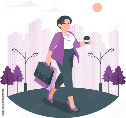 A professional woman walks confidently through a cityscape holding a briefcase and coffee cup
