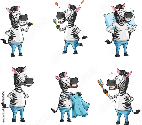Cartoon zebra brushing teeth, holding towel, dreaming, smiling, bedtime routine concept, wearing jeans, funny animal character for kids illustration.