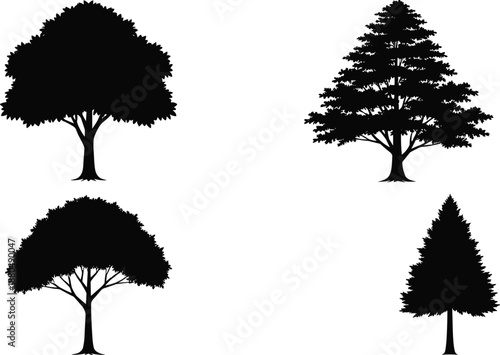 Tree silhouette icons, botanical illustrations, nature symbols, forest elements, coniferous trees, deciduous trees, landscape design, plant graphics, foliage shapes, outdoor scenery