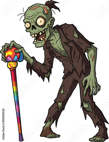 Cartoon zombie character, green skin, rainbow cane, horror illustration, spooky undead, funny monster, tattered clothes, creepy art, Halloween design