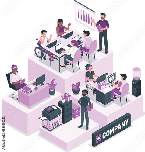 Office workers collaborating in a multi-level workspace with diverse employees and modern technology