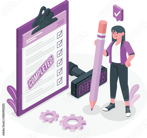 Woman holding a large pencil standing beside a clipboard with a completed checklist and checkmark