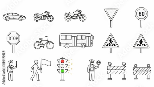 Collection of Hand Drawn Transportation and Traffic Signs Icons.