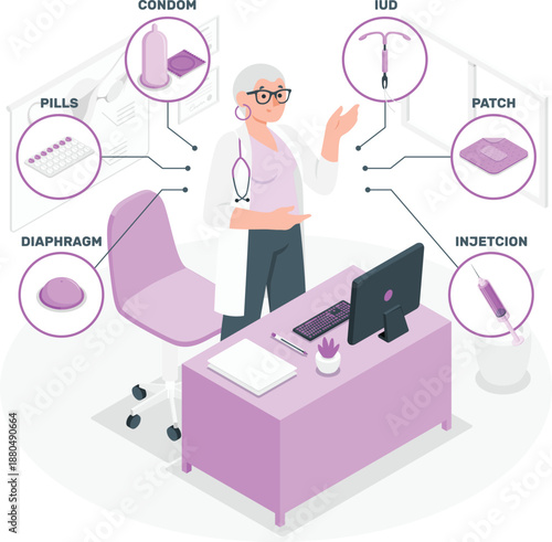 Doctor explaining contraceptive methods to patient in a medical office setting with various devices displayed