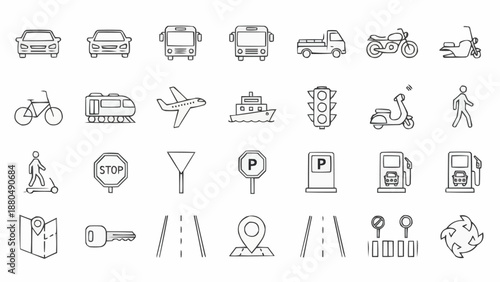 Collection of transportation and traffic icons in a simple line art style.