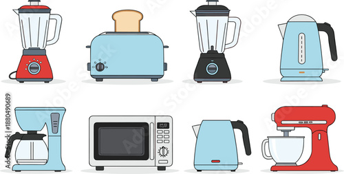 Kitchen appliance icons set vector illustration blender toaster kettle microwave coffee maker and mixer for home design