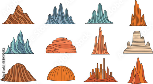 Stylized mountain and rock formation icons set vector illustration desert canyon cliffs and landscape elements