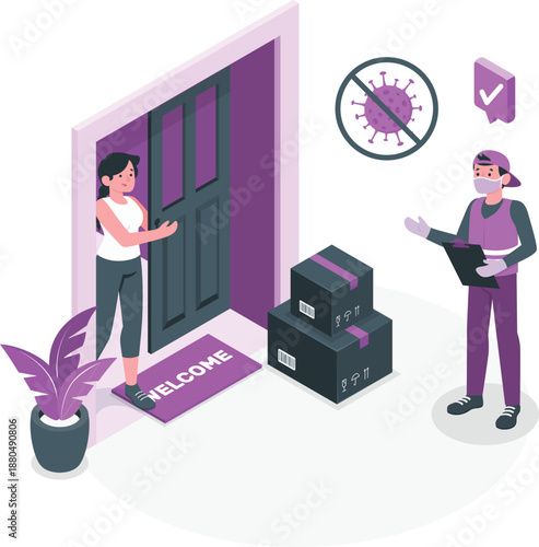 Delivery person handing a package to a woman at her doorstep with boxes on the welcome mat in a modern home setting from an outside viewpoint