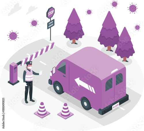 A person scanning a delivery van at a checkpoint surrounded by trees and virus particles