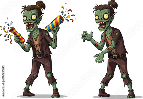 Cartoon zombie characters with confetti, funny undead celebration, spooky monster illustration, Halloween party artwork, creepy green skin creatures, humorous horror design