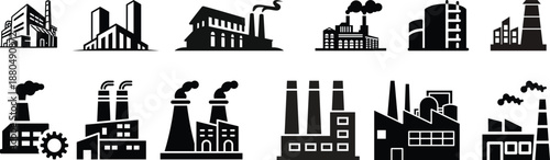 Industrial building factory icon set.Factory and industrial vector line icon.Industry power, chemical manufacturing building warehouse nuclear energy plant.Industrial building, factory and power plant
