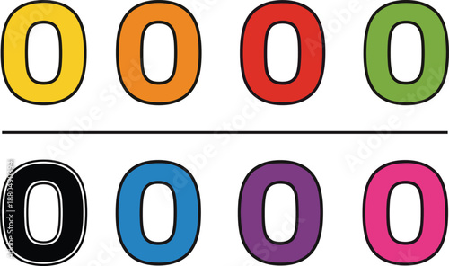 Colorful zero number typography icons set in flat cartoon vector style for education counting math and design projects