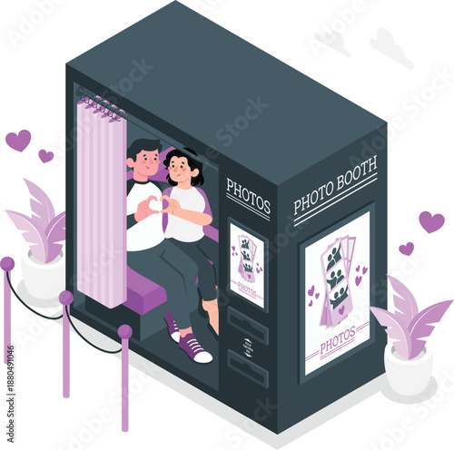 Couple sitting together inside a photo booth printing romantic memories