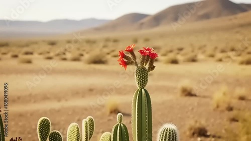 Cacti in Desert Landscape with Flowers.
