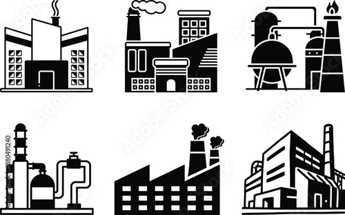 Industrial building factory icon set.Factory and industrial vector line icon.Industry power, chemical manufacturing building warehouse nuclear energy plant.Industrial building, factory and power plant