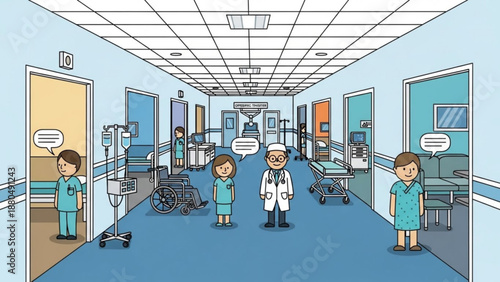 Medical professionals discuss in a hospital corridor with blue floors and walls