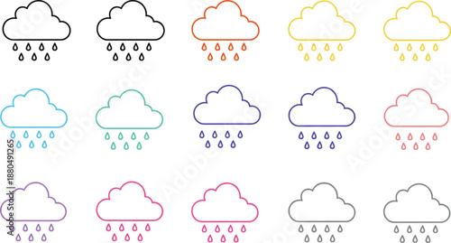 Colorful rainy cloud outline icons set in flat vector style for weather forecasts climate apps and educational design projects