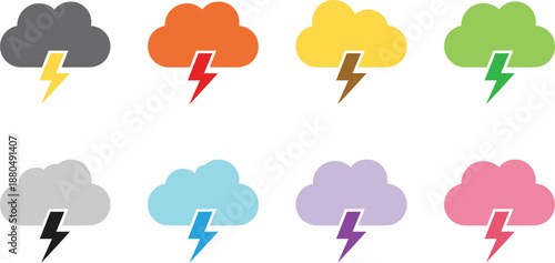 Colorful thunderstorm cloud icons set in flat vector style for weather forecasts alerts climate reports and app design projects