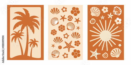 orange and beige tropical beach themed stencils on white background