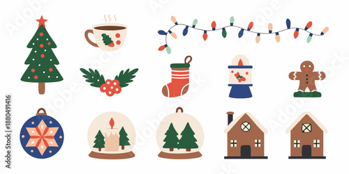 christmas icons set including tree stocking and festive decorations