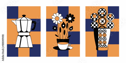 a set of three panels featuring a coffee pot flowers and vase