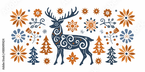 A festive illustration featuring a stylized reindeer with floral and snowflake patterns