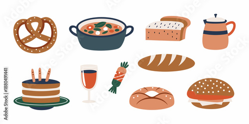A colorful illustration featuring various food items and a beverage selection