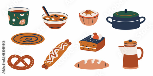 a collection of various food and drink items on a white background