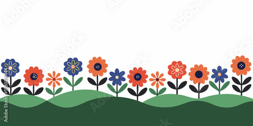 a colorful cartoon flower arrangement on green hills