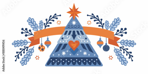 Stylized christmas tree illustration with star ribbon and ornaments