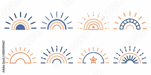 Stylized sun and rainbow icons with stars in a linear arrangement