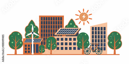 Sustainable city landscape featuring solar panels wind turbines and green spaces