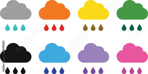 Colorful rainy cloud weather icons set in flat vector style for forecasts apps climate reports and educational design projects