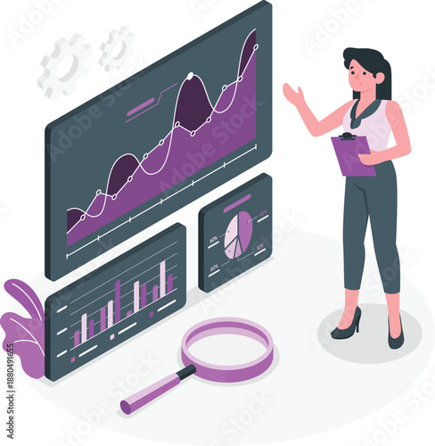 Woman analyzing business data on large computer screen with various charts and graphs