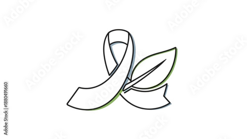 Awareness ribbon symbol with green and blue leaves on white background for health and eco concepts