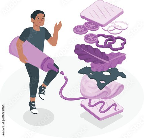 Man unrolling a yoga mat amidst floating purple fitness elements in a serene white environment from a dynamic viewpoint
