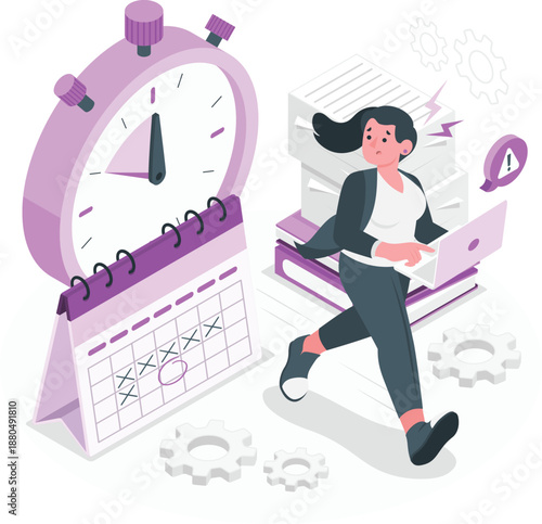 Woman running with laptop surrounded by calendar clock and documents in a busy office environment from a dynamic viewpoint