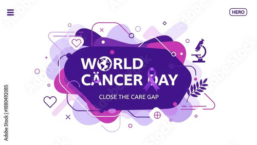 World cancer day awareness graphic with purple and pink design elements and close the care gap slogan