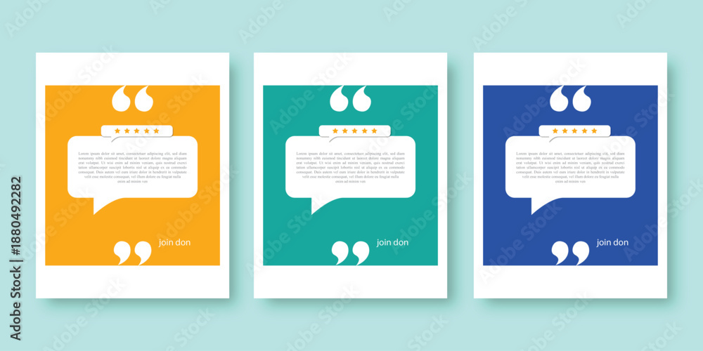 Fototapeta premium Collection of three testimonials with quote marks and stars rating