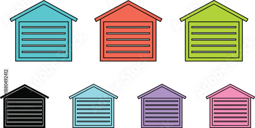 Colorful garage door house icons set in flat cartoon vector style for property storage real estate and building design projects