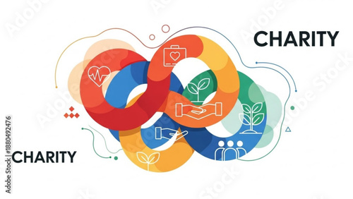 Vibrant charity infographic with interconnected rings and icons on white background