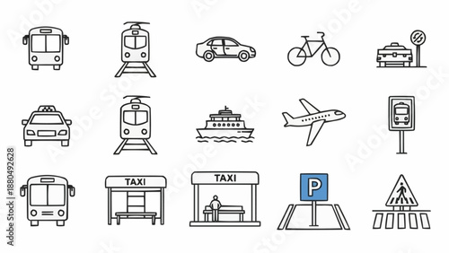 Collection of transportation icons for travel and city life.